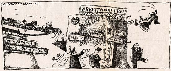 "Das ETH-Gesetz erhöht die Durchlaufgeschwindigkeit." Karikatur im Zürcher Studenten von 1969.