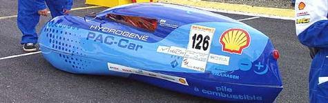 Fuel Cell Technology in a Car  it is Safe, Compact, Very Efficient, and Clean. At the Shell Eco-Marathon 2003 in France, the first hydrogen-powered vehicle ever successfully completed the race with a hydrogen consumption of just 15.9 g / 100 km, which is energetically equivalent to over 1'700 km / liter of gasoline. PAC-Car ran the race without any problems and of course very quietly. The figure shows the PAC-Car vehicle as it completed the races in 2003 and 2004. In 2004, PAC-Car received the alternative energy award for finishing in first place of three hydrogen-powered vehicles with a fuel equivalent of 1'956 km / liter of gasoline. Even better results are the aim of the Eco-Marathon in 2005.