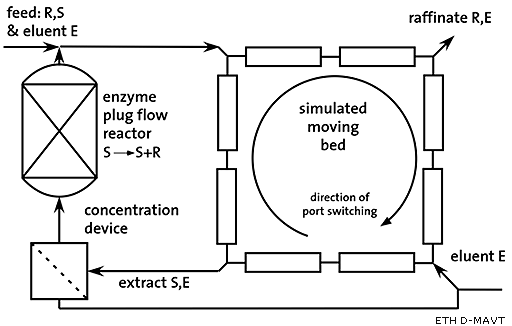 Integrated biotransformations: An enzyme reactor hosts a thermodynamically limited reaction  in this specific case a racemization catalyzed by an amino acid racemase that establishes a 50/50 mixture of the two enantiomers of a chiral amino acid. The reaction fluid is directed into the simulated moving bed that separates the racemate. The product stream containing the undesired enantiomer (S in this case) is concentrated and redirected into the enzyme reactor. Continuous operation guarantees a yield of 100% on starting materials, and both enantiomers are available from the same installation.