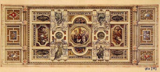 Bürgerlicher Wertehimmel: Deckenbemalung der Semper-Aula des Eidgenössischen Polytechnikums, Entwurf von Gottfried Semper, 1861.