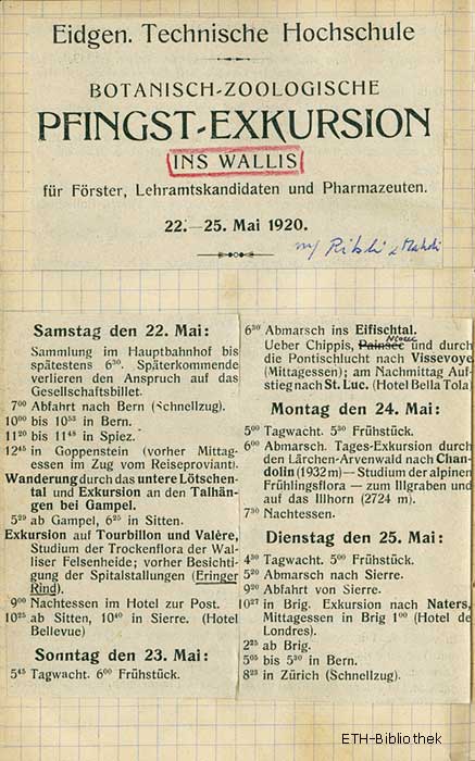 Botanisch-zoologische Pfingstexkursion ins Wallis 1920.