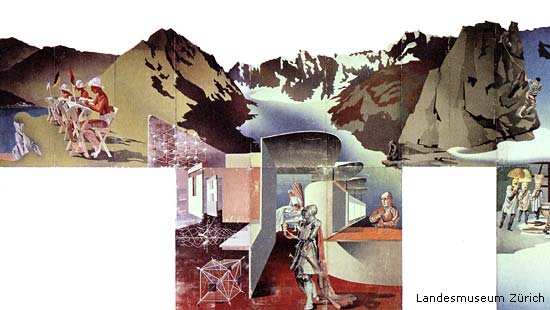 &quot;Die Schweiz - Ferienland der Völker&quot;: Ausschnitt aus dem Wandbild von Hans Erni für den Tourismuspavillon der Landesausstellung 1939.
