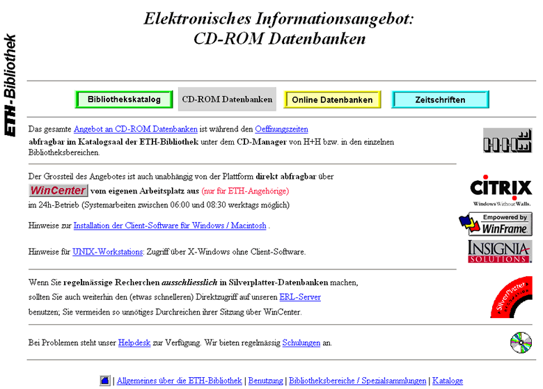 Die erste Generation der Homepage der ETH-Bibliothek 1997