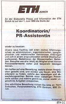 1. Juni 1988: Inserat der Stabstelle Presse und Information für Koordinatorin/PR Assistentin